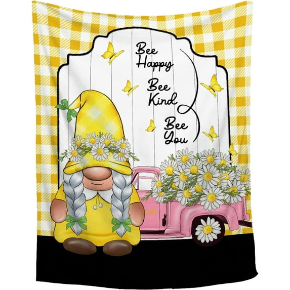 Gnome Throw Blanket,Gnomes Themed Gifts for Gnome Lovers,Bee Happy Gnomes Gift Idea for Birthday Christmas,Be Kind Gnome Blankets for Women,Gnome Inspirational Gifts,60"x80" for Adults Women