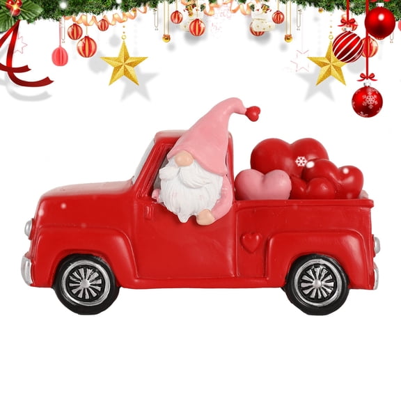 Gnome Truck Ornament, Red Valentine's Day Table Decorations,Truck Hearts Home Decor, Cute Festive Accent for Wedding Birthday Christmas Living Room Bedroom Desktop Party Display