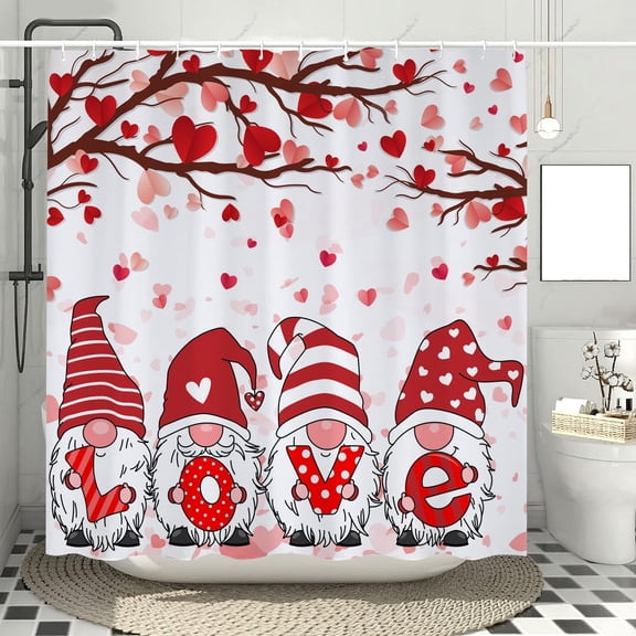 Gnome Valentine Shower Curtain, Valentines Day Shower Curtain, Valentines Shower Curtain Set, Valentine''s Day Bathroom Decor. Valentines Bathroom Set with Hooks Farmhouse Fabric 72x72 Inch