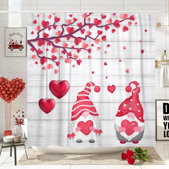 Gnome Valentine''s Day Shower Curtain for Bathroom, Valentine Couple Red Heart Tree Fabric Shower Curtains Set, Rustic Farmhouse Romantic Love Restroom Decor Accessories with Hooks 72X72inches