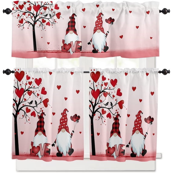 Gnome Valentines Day Curtain Valance Love Heart Tree Rod Pocket Kitchen Tier Curtains Valance Set 3 Piece Couple Bird Valentiens Day Window Curtain Valance Tier Set 54 in x 24 in, Red Pink