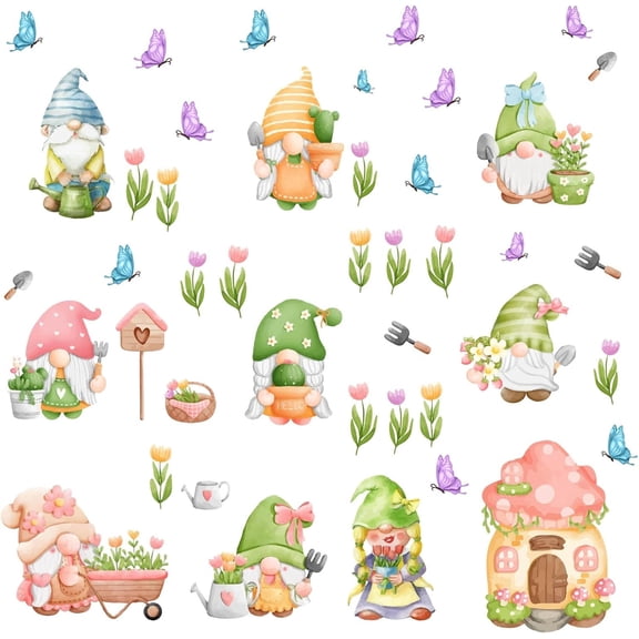 Gnome Wall Stickers 44pcs Flower Garden Floral Peel and Stick Wall Art Decals Butterfly Wall Art Decorations for Kids Bedroom Baby Nursery Windows Colorful