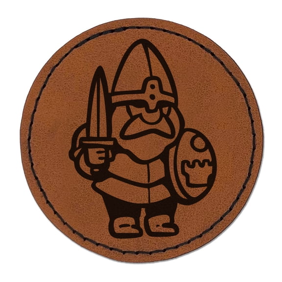Gnome Warrior Knight Fighter in Armor Round Iron-On Engraved Faux Leather Patch Applique - 2.5 Inch - Brown