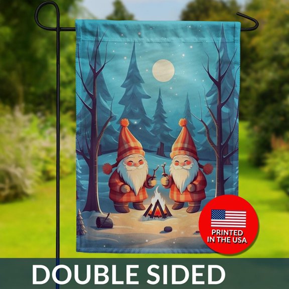 Gnome Winter Campfire Double Sided Flag Snowy Moon Cozy Magical Scene Night