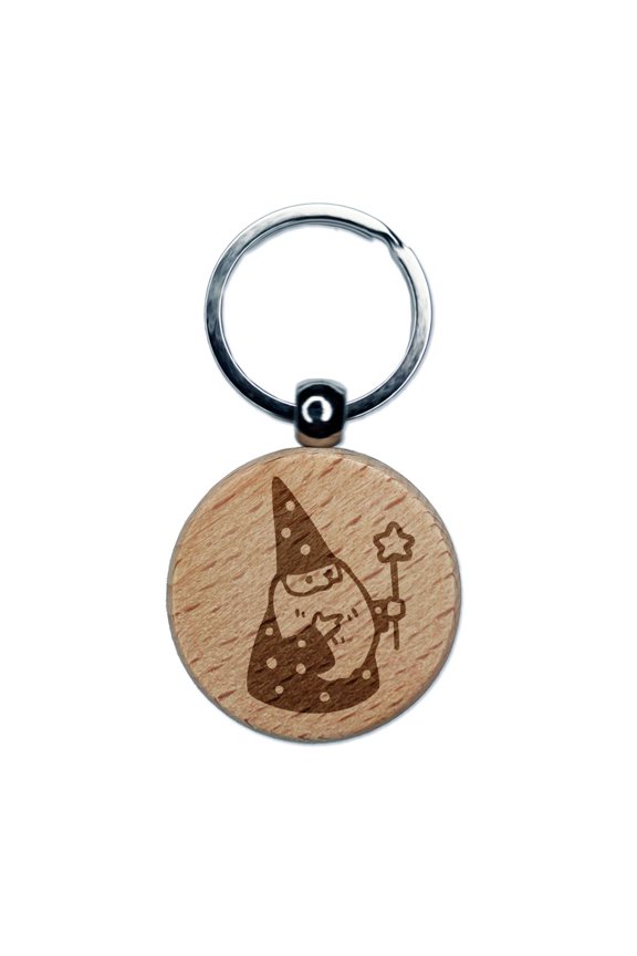 Gnome Wizard Beard Want Pointy Hat Engraved Wood Round Keychain Tag Charm