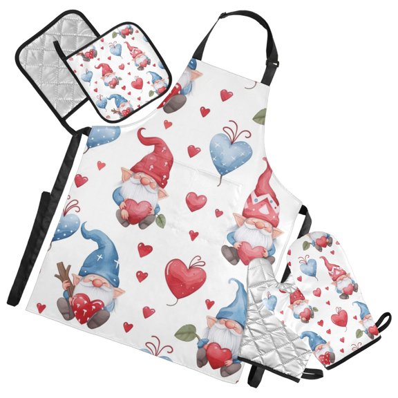 Gnome and Blue Red Heart 5 Pcs Kitchen Set Heat Resistant Oven Mitts and Non-Slip Pot Holders with Adjustable Cooking Apron