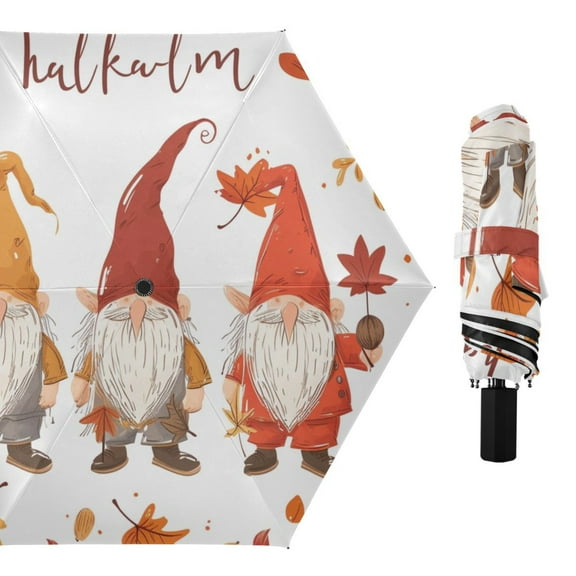 Gnome and Fall Leaf Compact Sun Umbrella Windproof Travel Umbrellas for Rain Strong Portable UV Protection