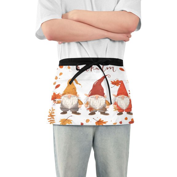 Gnome and Fall Leaf Server Apron with 3 Pockets Waterproof Waitress Waist Short Apron for Man Woman 12 Inches