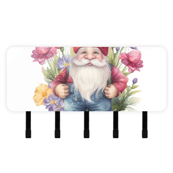 Gnome and Flowers Mail Holder Organizer Wall Mount with Shelf Key Holder Key Rack with 5 Key Hooks for Wall Decorative