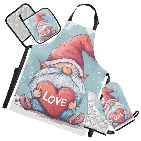 Gnome and Love Heart 5 Pcs Kitchen Set Heat Resistant Oven Mitts and Non-Slip Pot Holders with Adjustable Cooking Apron