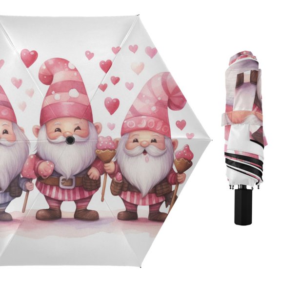 Gnome and Pink Heart Compact Sun Umbrella Windproof Travel Umbrellas for Rain Strong Portable UV Protection