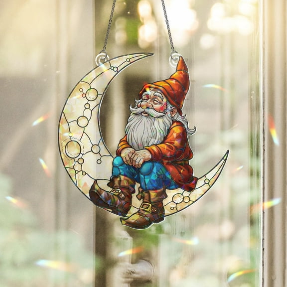 Gnome on Crescent Moon Holographic Window Hanging Fantasy Garden Sun Catcher, Whimsical Gnome Night Sky Window Decor
