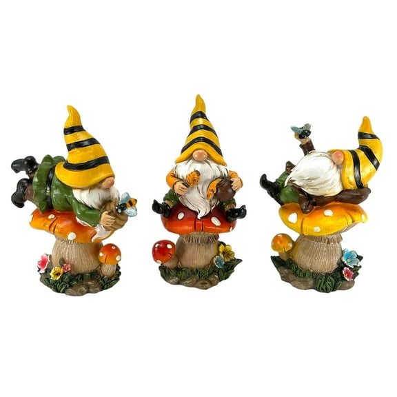 Gnome on Spring Mushroom Figurine 3 Piece Set 6.5 Inch