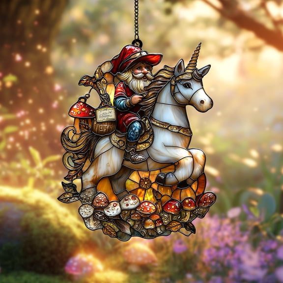 Gnome on Unicorn Acrylic Suncatcher fullxfull Whimsical Forest Window Hanging with Mushroom, Fantasy Charm for Fairycore and Cottagecore