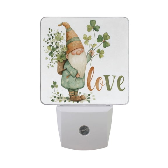 Gnome with Love Clover Leaves Valentine LED Night Light Sensor Lamp Plug-in Adjustable Brightness 2 Pack