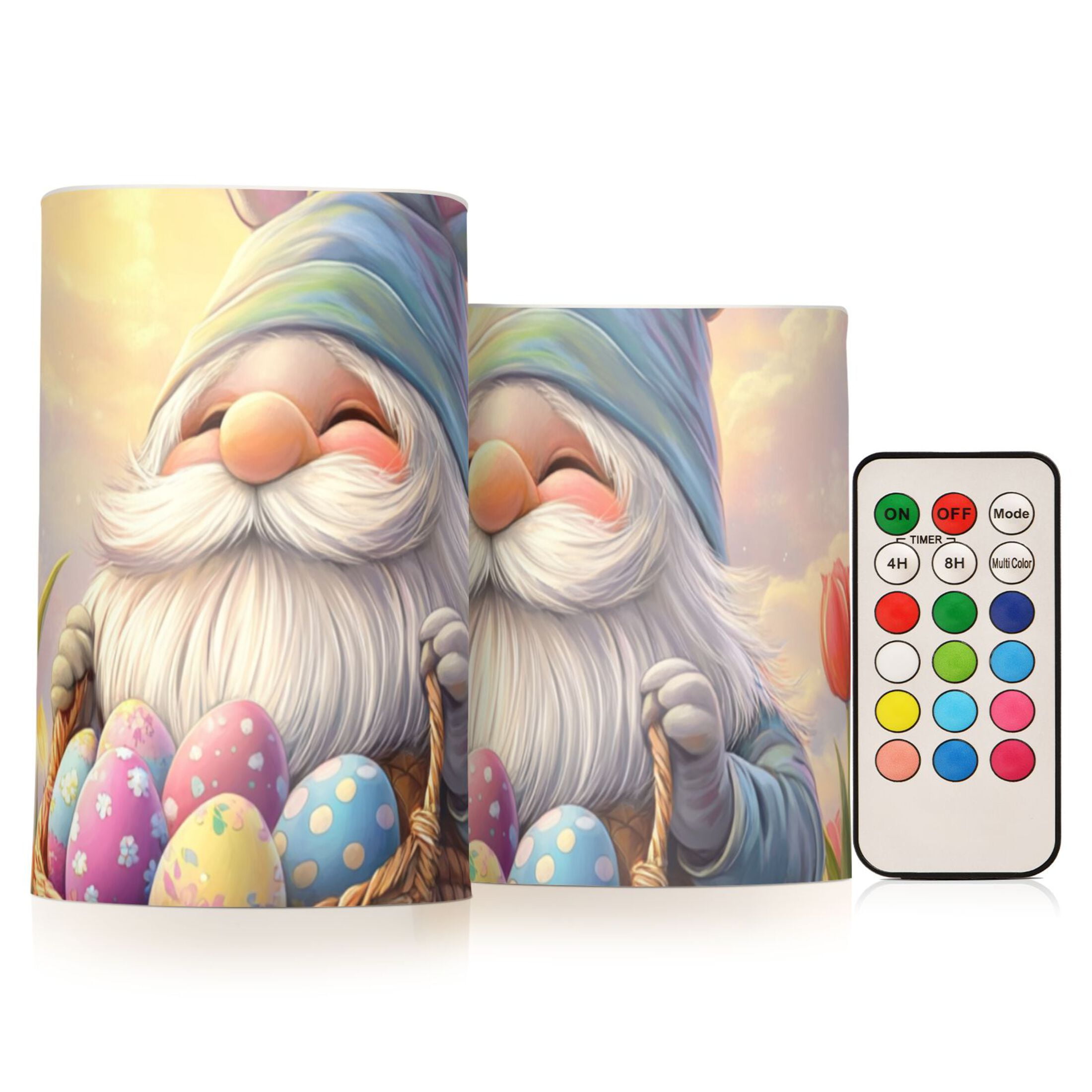 Gnome with Rabbit Ears Easter Eggs Florals Flickering Flameless Candles LED Tealight Battery Operated with Remote Set of 2 Holiday Decor Ornaments