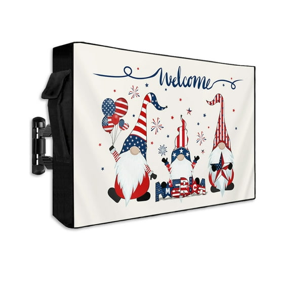 Gnomes with American Star Flag Outdoor TV Cover 40 to 43 Inch Weatherproof, Celebration Flag Day Welcome 600D Oxford TV Covers with Waterproof Zipper, Outside Flat TV Screen Protector 40"Wx25"Hx4.5"D