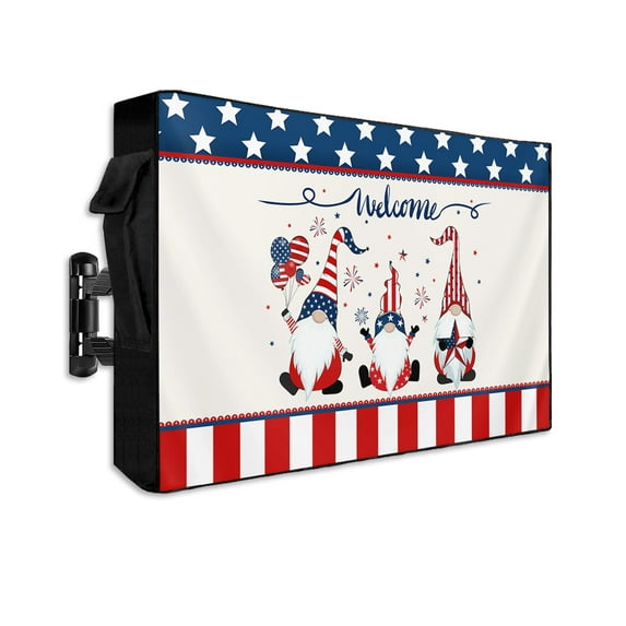 Gnomes with American Star Flag Welcome Outdoor TV Cover 30 to 32 Inch Waterproof, Red Stripes Star Lace 600D Oxford TV Covers with Zipper, Outside Flat TV Screen Protector 30"Wx19"Hx4.5"D