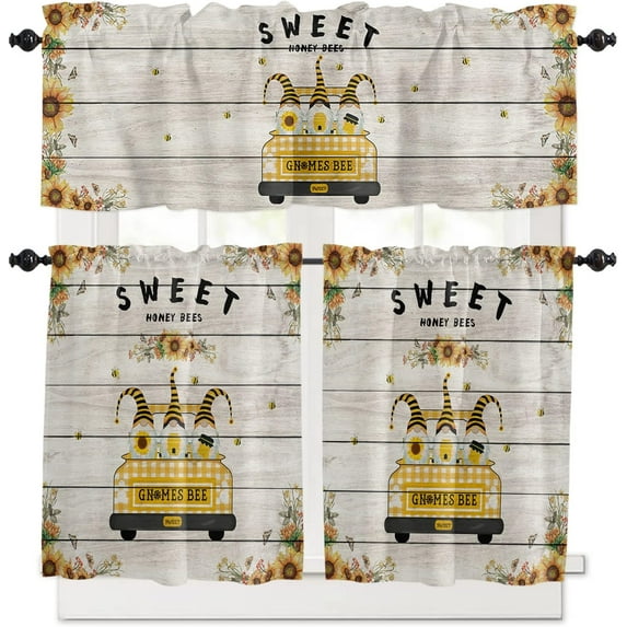 Gnomes Bee 3 Piece Kitchen Curtains Tiers and Valances Set, Sunflower Truck Retro Wood Grain Rod Pocket Short Window Treatment Tiers Curtains Panel and Valance for Cafe Bathroom