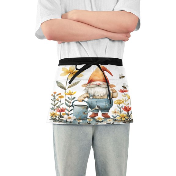 Gnomes Bee Flower Kettle Server Apron with 3 Pockets Waterproof Waitress Waist Short Apron for Man Woman 12 Inches