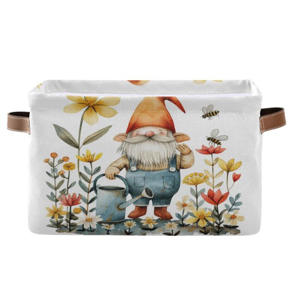 Gnomes Bee Flower Kettle Storage Bins with Handle Fabric Organizer Basket Foldable Box 1 Pack 14.2x10.2x8.3
