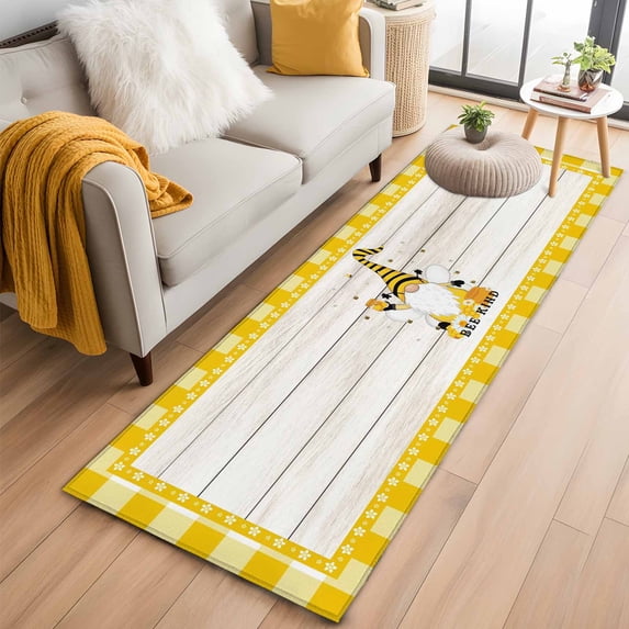 Gnomes Bees 2'x6' Runner Rugs for Hallway Kitchen Bedside Non Slip Washable, Spring Daisy Wooden Grain Yellow Plaid Entryway Rug Runners with Rubber Backing, Long Carpet Runner for Laundry Room