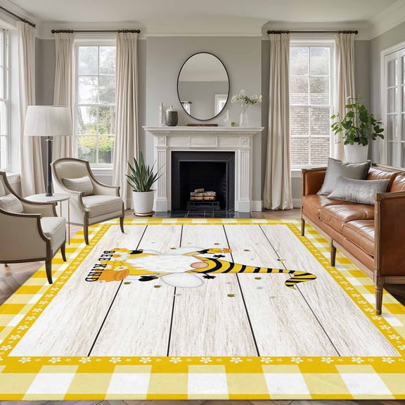 Gnomes Bees 6'x9' Area Rug for Living Room, Spring Daisy Wooden Grain Yellow Plaid Non-Slip Floor Mat Rugs for Bedroom Dining Room, Indoor Large Carpet for Classroom, Nursery Rugs for Playroom