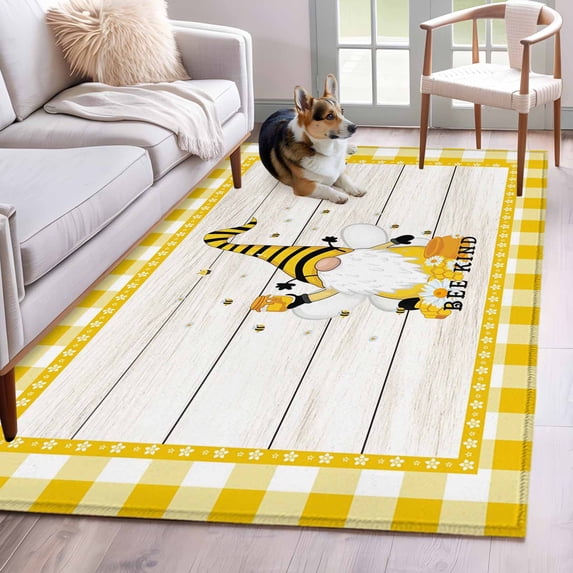 Gnomes Bees Area Rugs 4'x6', Washable Small Throw Rugs for Office Bathroom, Spring Daisy Wooden Grain Yellow Plaid Indoor Outdoor Rug Non-Slip Low Pile Carpet Runner Reversible Floor Mats