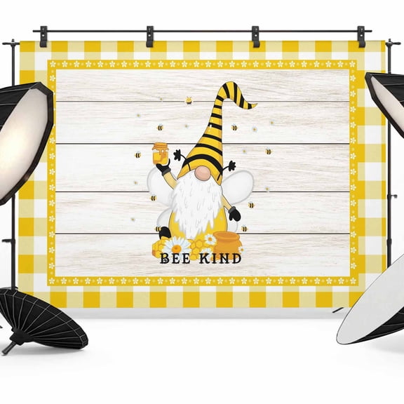 Gnomes Bees Backdrop for Photoshoot,Photography Photo Studio Background Wall Backdrop,Spring Daisy Wooden Grain Yellow Plaid Back Drop Banner Panel for Portraits Wedding Party Live Streaming 8x6Ft
