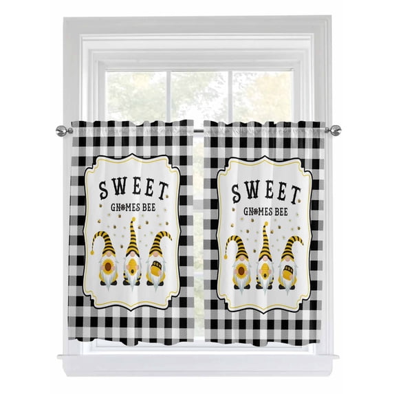 Gnomes Bees Bathroom Window Curtain, Spring Sunflowers Honey Daisy Black Plaid Light Filtering Coffee Kitchen Curtains, Bedroom Living Room Curtains 2 Panel 84"x45"