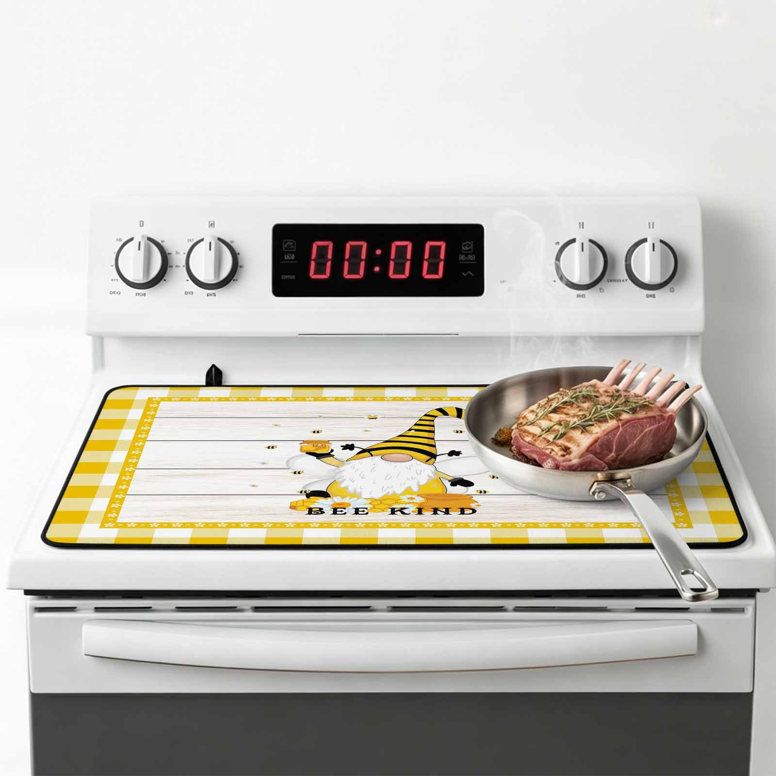 Gnomes Bees Stove Top Cover for Electric Stove, Heat-proof & Non Slip Glass Top Stove Cover Protector, Spring Daisy Wooden Grain Yellow Plaid Kitchen Flat Cooktop Rubber Mat 24x21 Inches