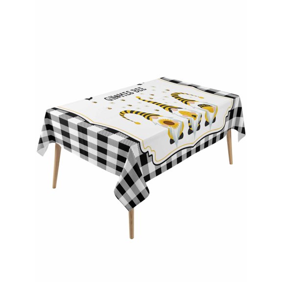 Gnomes Bees Table Cloth, Waterproof Tablecloth for Rectangle Tables, Spring Sunflowers Honey Daisy Black Plaid Reusable Washable Fabric Table Cover for Restaurant Kitchen Dining Tables 54"x108"