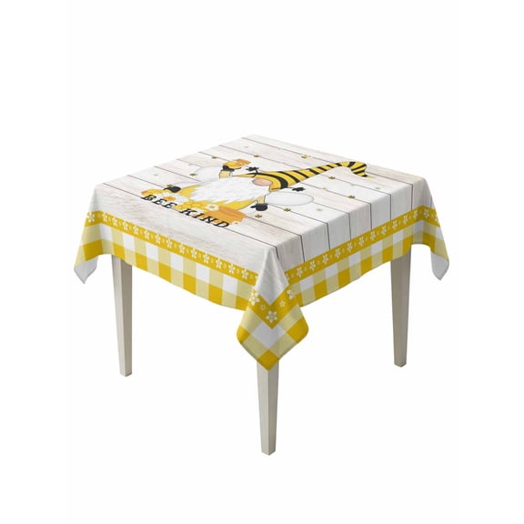 Gnomes Bees Table Cloth, Waterproof Tablecloth for Square Tables, Spring Daisy Wooden Grain Yellow Plaid Reusable Washable Fabric Table Cover for Restaurant Kitchen Dining Tables 54"x54"