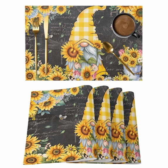 Gnomes Black Placemats Set of 6, Yellow Sunflower Floral Bee Summer Spring Placemats for Dining Table, Place Mats for Kitchen Tabletop, Waterproof Wipeable Dining Table Mats Set
