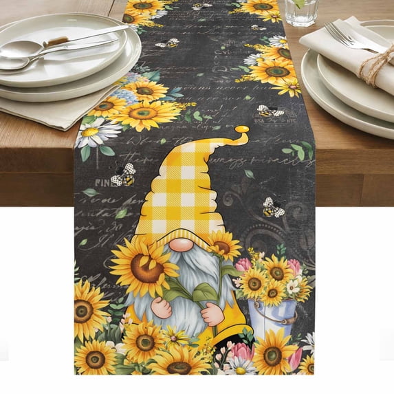 Gnomes Black Table Runner - 60 Inch Long, Kitchen Dining Table Runner Dresser Scarves, Yellow Sunflower Floral Bee Summer Spring Farmhouse Decor for Coffee Tables Wedding Party Banquet