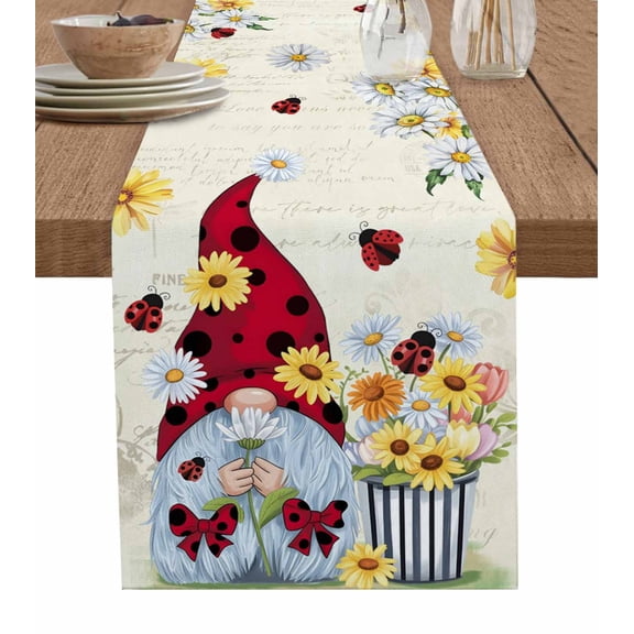 Gnomes Burlap Cotton Table Runner 13x108 Inches Long, White Yellow Daisy Floral Country Garden Floral Farmhouse Table Runners, Outdoor Dining Tablecloths Decor for Baby Shower/Party/Wedding