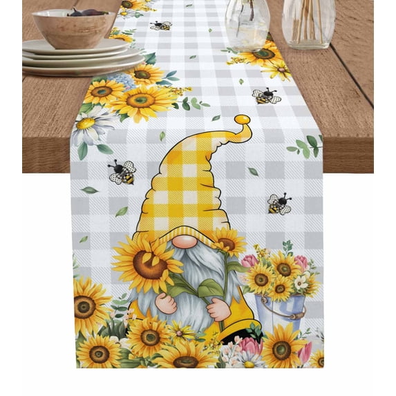Gnomes Burlap Cotton Table Runner 13x36 Inches Short, Vintage Yellow Sunflower Summer Bee Grey Plaid Farmhouse Table Runners, Outdoor Dining Tablecloths Decor for Baby Shower/Party/Wedding