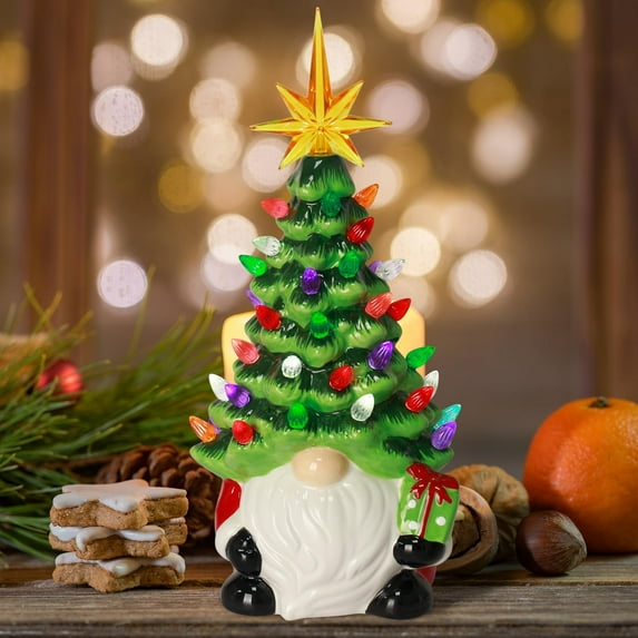 Gnomes Christmas Decorations - 8.2" Lighted Up Gnomes Ceramic Christmas Tree with 46 Multicolored Lights - Mini Pre-lit Hand-Painted Xmas Tree Decor for Home Indoor
