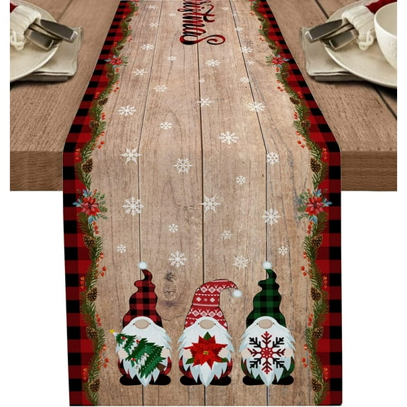 Gnomes Christmas Decorations Table Runners Cotton Linen Farmhouse Buffalo Plaid Red Black Non-Slip Rectangle for Party Kitchen,Home ,Dining Table ,Outdoor,13X72 Inches Long Winter Snowflakes
