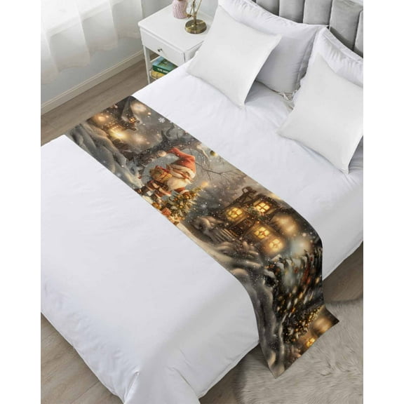 Gnomes Christmas Tree Bed Runner for Cal. King Size Bed, Xmas Snowflake Winter Farmhouse Bedspread Protector Slipcover Bed Scarf for Foot Bed Runners & Scarves for Bedroom Hotel 94x20 Inches
