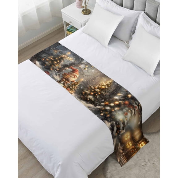 Gnomes Christmas Tree Bed Runner for Twin Size Bed, Xmas Snowflake Winter Bedspread Protector Slipcover Bed Scarf for Foot Bed Runners & Scarves for Bedroom Hotel Wedding Room 71x20 Inches