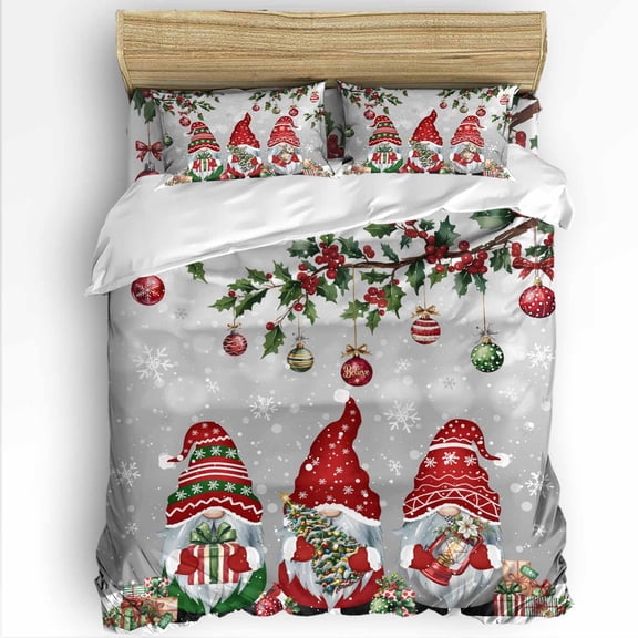 Gnomes Christmas Twin Size Comforter Set, Balls Branches Winter Snowflake Gray Gradient Bedding for All Seasons, 4 Pcs Bed Set with 1 Comforter (68"x86") ,1Sheet(66"x116"), 2 Pillowcases (19"x29")