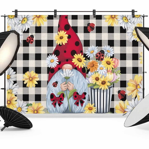 Gnomes Daisy Backdrop for Photoshoot,Photography Photo Studio Background Wall Backdrop,Retro Farmhouse Floral Black Buffalo Plaid Back Drop Banner Panel for Portraits Wedding Live Streaming 8x6Ft