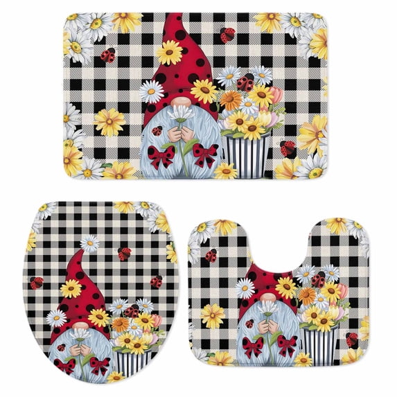 Gnomes Daisy Bath Mat 3 Piece Bathroom Rug Set, Retro Farmhouse Floral Black Buffalo Plaid Non Slip Bath Rug Contour Mat and Toilet Lid Cover, Absorbent Shower Mats Soft Bath Rugs and Mats Sets