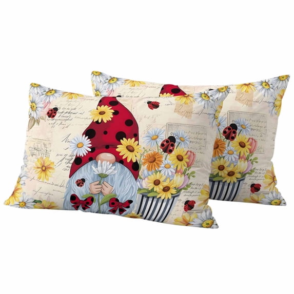 Gnomes Daisy Farmhouse Outdoor Waterproof Pillow Covers, Pastoral Vintage Garden Floral Decorative Rectangle Throw Pillowcase Sofa Cushion Sham for Patio/Couch/Chair, 20"x12" 2 Pack