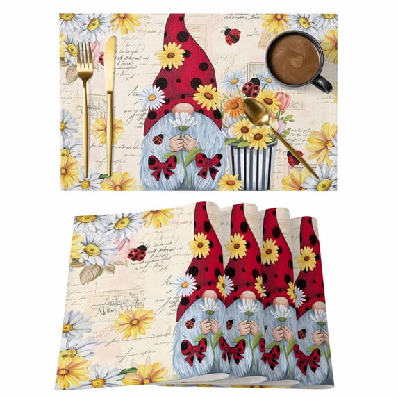 Gnomes Daisy Farmhouse Placemats Set of 8, Pastoral Vintage Garden Floral Placemats for Dining Table, Place Mats for Kitchen Tabletop, Waterproof Wipeable Dining Table Mats Set