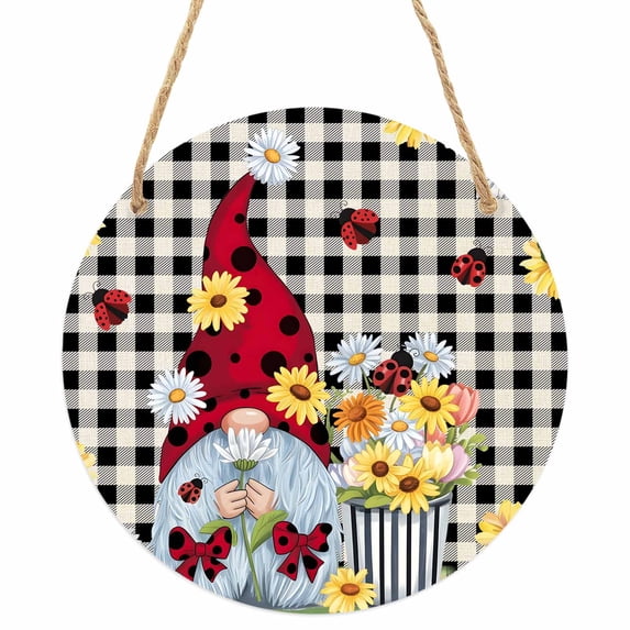 Gnomes Daisy Round Front Door Welcome Sign, 7.8 Inch Wall Hanging Decor for Indoor Outdoor, Retro Farmhouse Floral Black Buffalo Plaid Home Porch Hanger Decorations for Holiday Gift