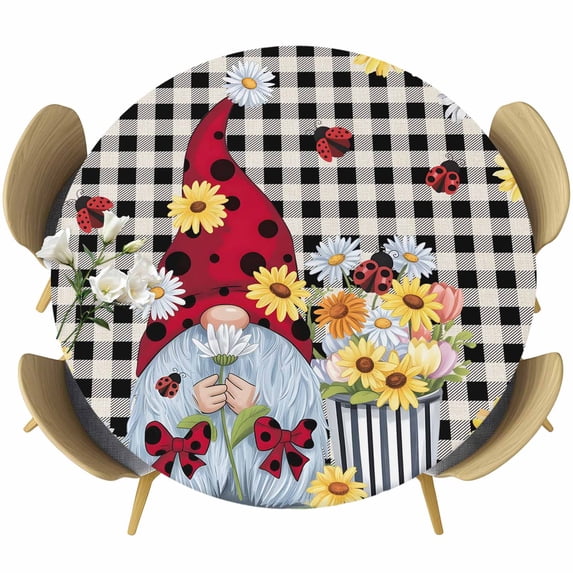Gnomes Daisy Round Tablecloth, Fitted Table Cover with Elastic for 45"-54" Round Tables, Retro Farmhouse Floral Black Buffalo Plaid Table Cloth Outdoor Indoor Dinning Party Waterproof Tablecloths