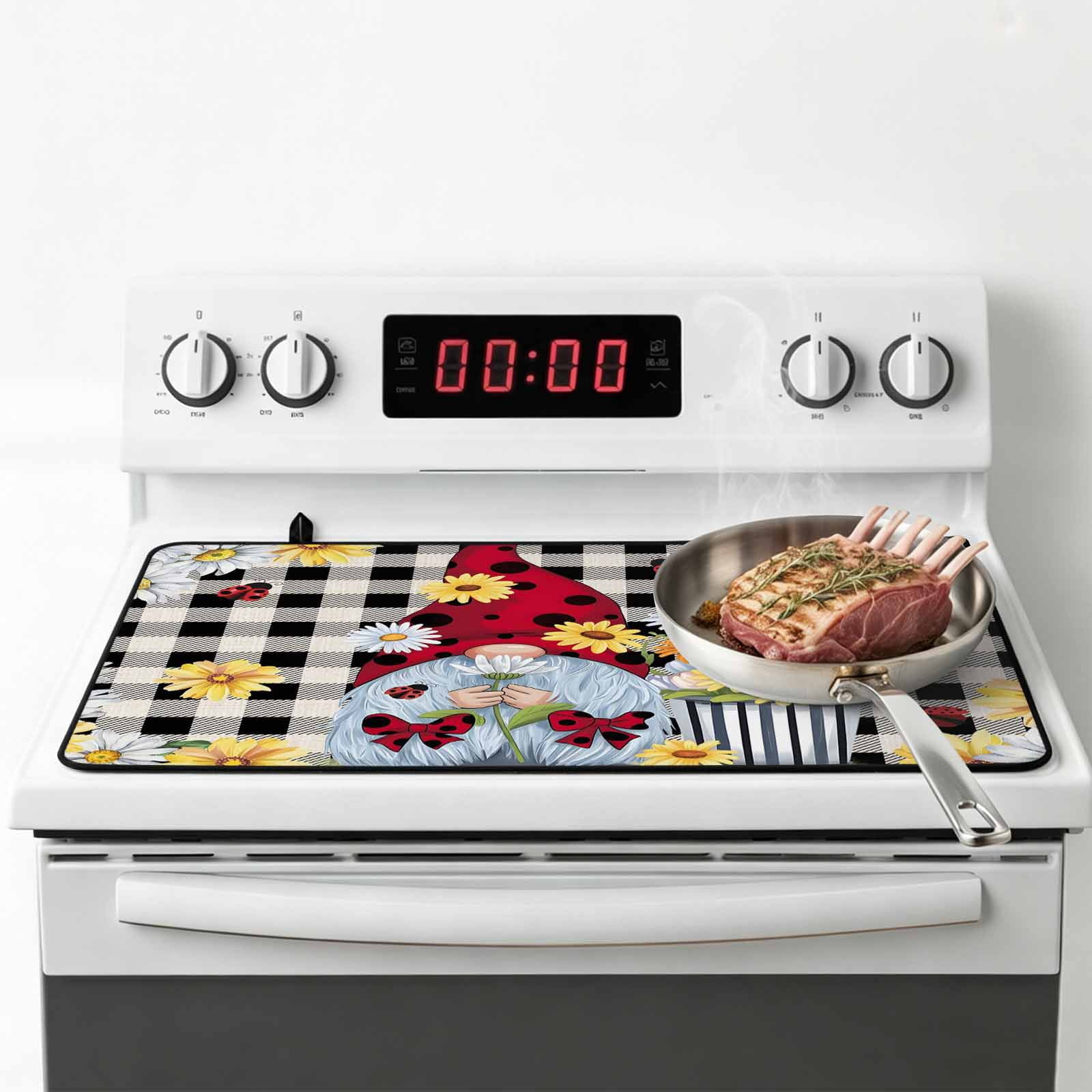 Gnomes Daisy Stove Top Cover for Electric Stove, Heat-proof & Non Slip Glass Top Stove Cover Protector, Retro Farmhouse Floral Black Buffalo Plaid Kitchen Flat Cooktop Rubber Mat 31x24 Inches