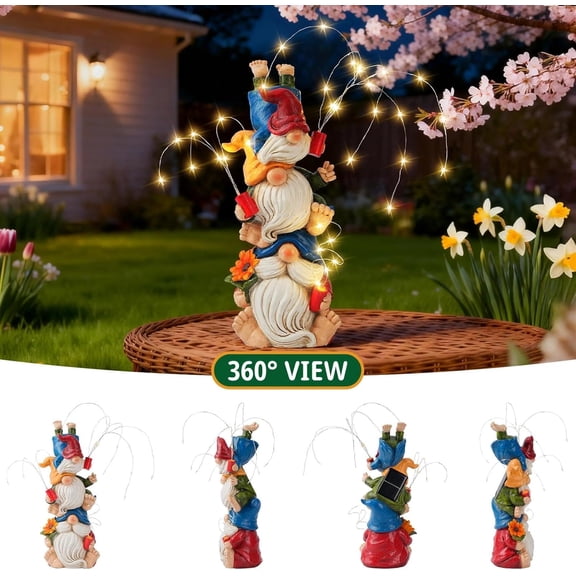 Gnomes Decorations for Yard, Triple Stacked with DIY Firework Lights, Solar Garden Gnome Outdoor Decor Statue for Patio Lawn, Mothers Day Birthday Gift for Mom Grandma (11.5in)$$Garden & Patio